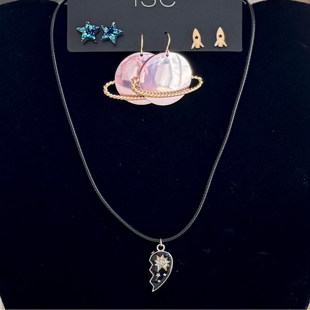 Planet Earrings with Black Choker Necklace Set
